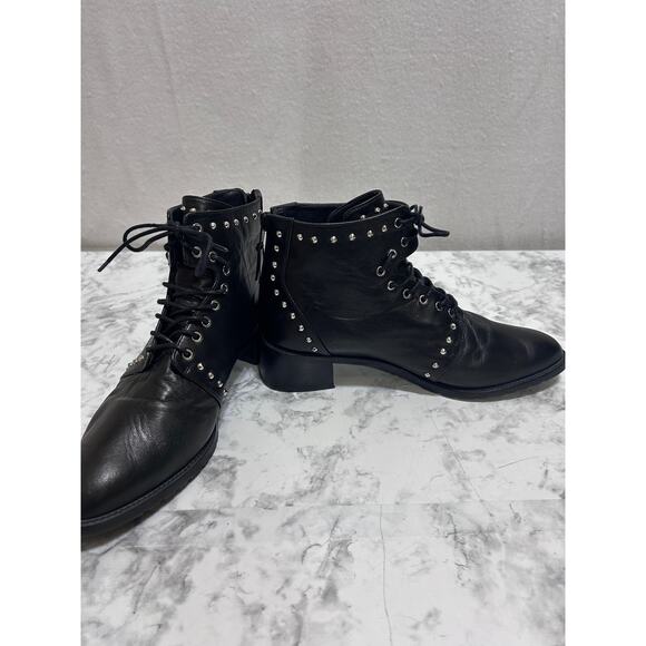 Stuart Weitzman Lashease Blk Leather Studded Ankle Boots 8.5 Lace Up Moto Grunge - Picture 4 of 11